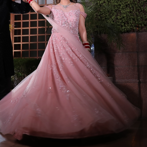Shankuntlam Beautiful Pink Heavy Wedding Ball Gown with bell sleeves - Picture 6 of 6